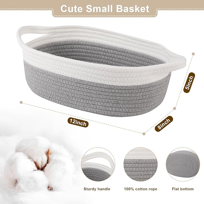 OIAHOMY Gift Basket Empty with Handle, 12"x 8"x 5" Small Woven Basket with Gift Bag, Ribbon and Wrap Tissue Paper, Dog Toy Storage for Organizing - Grey & White