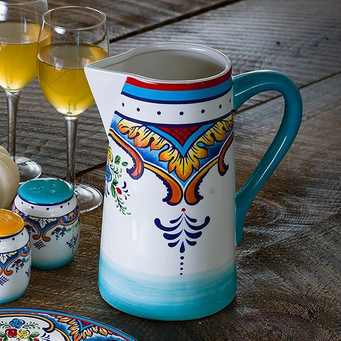 Euro Ceramica Zanzibar Collection Vibrant 9.4" Decorative Ceramic Pitcher, 2.5LT, Spanish Floral Design, Multicolor