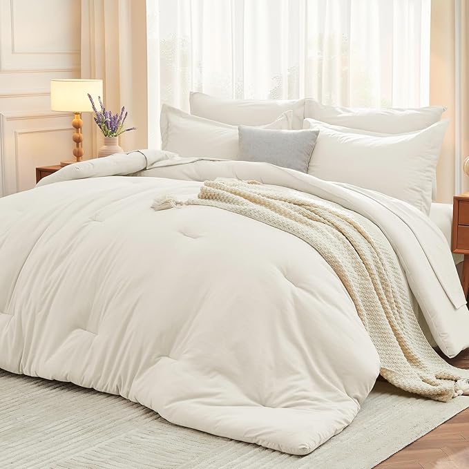 MUXHOMO 5 Pieces Twin Comforter Set, Soft Bed in a Bag Twin Size, All Season Bedding Set with Comforter, Flat Sheet, Fitted Sheet, Pillowcases & Shams, Ivory