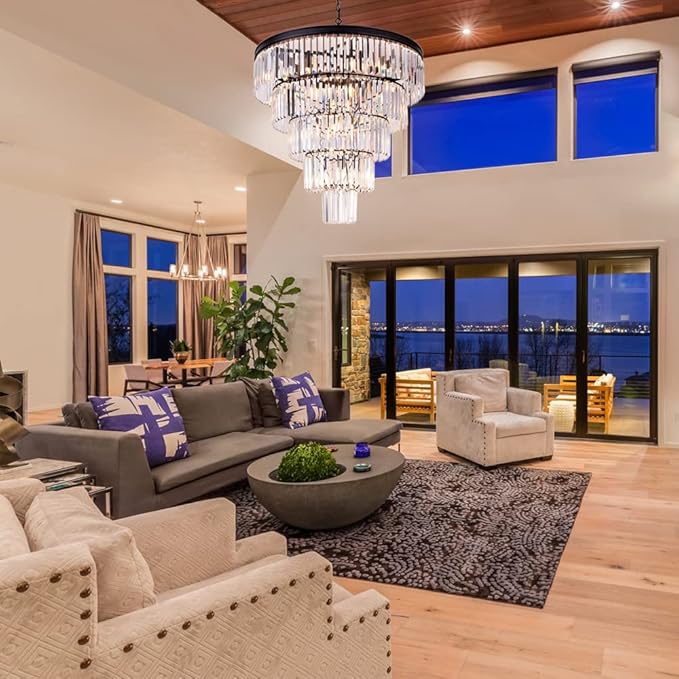 TOCHIC Large Crystal Chandelier for High Ceiling, 40 inch 7-Tier Modern Black Crystal Chandeliers Lighting Fixture, Round Light for Entryway Staircase Foyer Living Room (Black, 31.5 Inches)