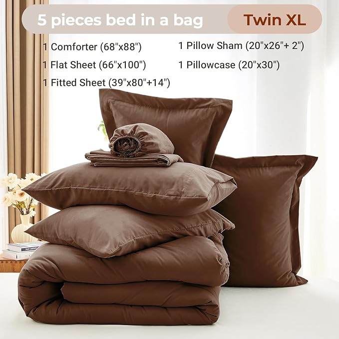 MUXHOMO 5 Pieces Twin XL Comforter Set, Soft Bed in a Bag Twin XL Size, All Season Bedding Set with Comforter, Flat Sheet, Fitted Sheet, Pillowcases & Shams, Brown