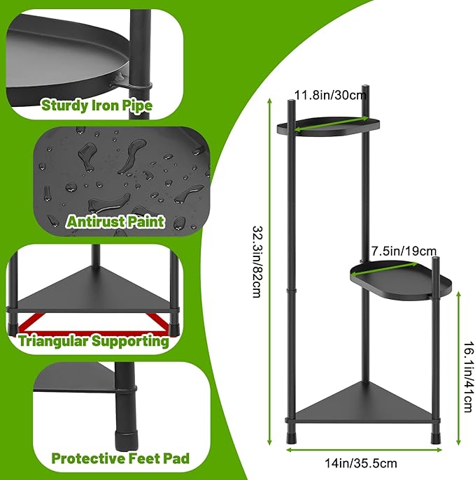 3 Tier Plant Stand Indoor Tall, Black Corner Tiered Plant Stand for Indoor Multiple Plants, Metal Flower Pot Stands Outdoor Holders Plant Shelf Display Rack for Balcony Living Room Garden