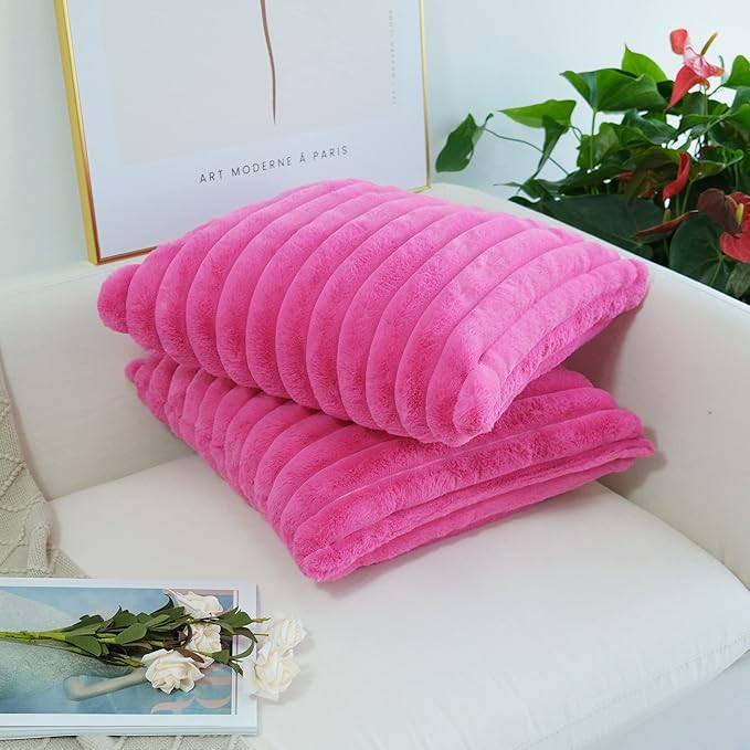 JOJUSIS Pack of 2 Faux Fur Plush Decorative Throw Pillow Covers Couch Cushion Case Soft Pillowcases (Hot Pink, 18 x 18-Inch)