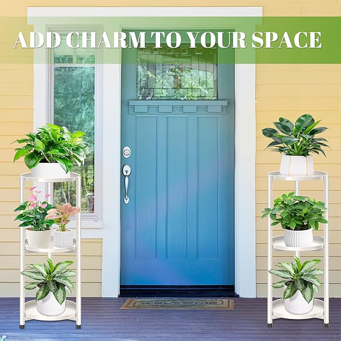 3 Tier Metal Plant Stand Indoor, Corner Tiered Round Plant Stand for Indoor Multiple Plants, Flower Pot Stands Outdoor Holders Plant Shelf Display Rack for Balcony Living Room(Cream White)