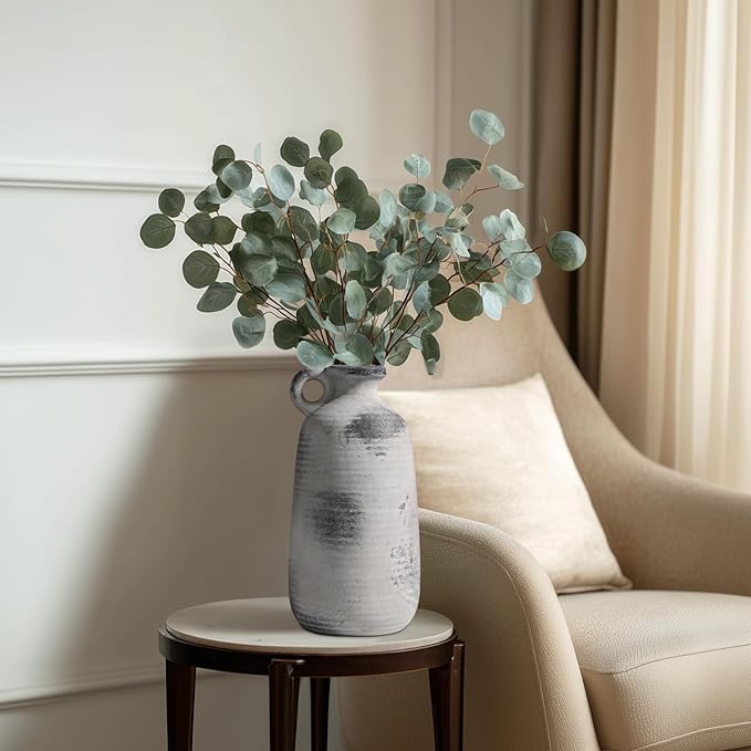 Sunddo Rustic Farmhouse Vase with Handle, Ceramic Vase,10 inch Tall Minimalist Decorative Vases for Home Decor, Table Living Room Bookshelf Entryway Kitchen Bedroom Decor, Grey