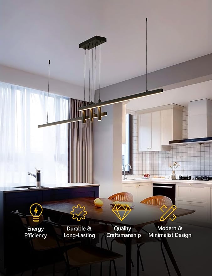 71" Black Linear LED Pendant Light Dimmable for Kitchen Island, Home Bar, Dining & Office - Modern Minimalist Hanging Chandelier Lighting Fixture
