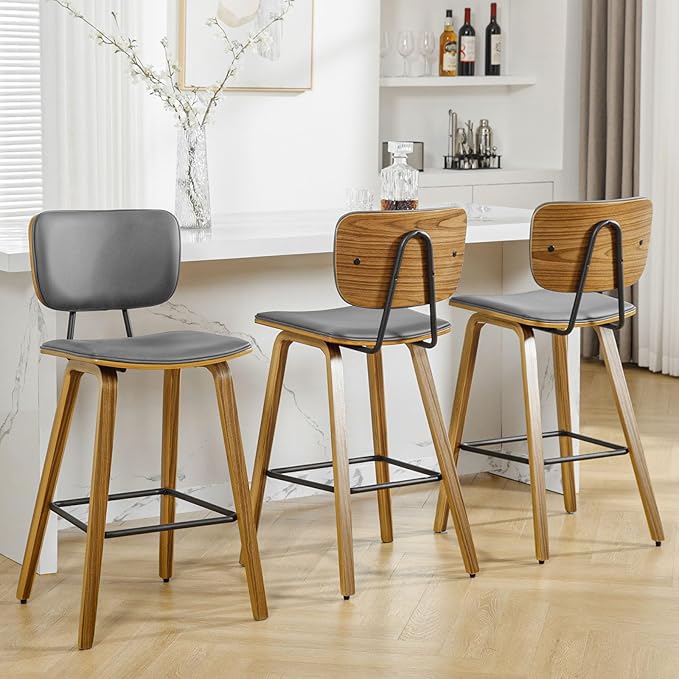 Counter Height Bar Stools Set of 3, PU Leather Upholstered Barstools with Backs, Bent Wood Legs, 26 Inch Seat Height, Mid Century Modern Counter Stools for Kitchen Island, Grey