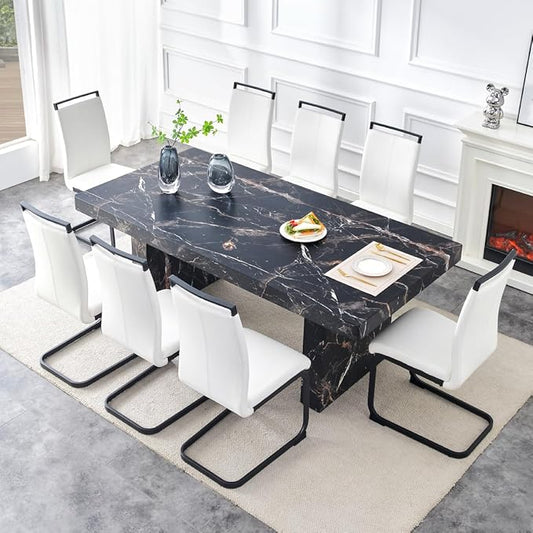 79" Modern Dining Table Set｜Marble Dining Table Set with 8 Faux Leather Chairs｜Engineered Wood with Marble Pattern Tabletop｜Widened and Stable Tablelegs｜Easy Assembly