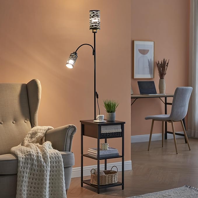 Floor Lamp with End Table, Side Table with Lamp Attached, Bedside Nightstand Light for Small Spaces with Wicker Drawer and Storage Shelf for Living Room, Bedroom, Guest Room, 2 Bulbs Included