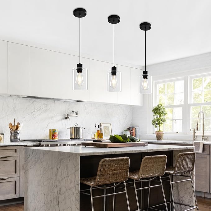 Glass Pendant Lights Kitchen Island 2 Pack, Black Kitchen Pendant Lighting Over Island, Hanging Light Fixtures Modern Pendant Lights for Hallway Entryway Bedroom Dining Room