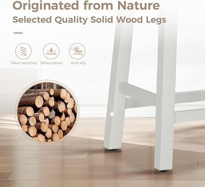 MAISON ARTS White Counter Height 24 inch Bar Stools Set of 3 for Kitchen Counter Solid Wood Legs with Faux Leather Padded Seat Farmhouse Barstools for 34"-38" Counter Island Upholstered Stools