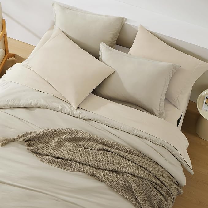 WRENSONGE Oversized Queen Comforter Set - 7 Pieces Light Oatmeal Bed in a Bag Queen with Sheets, 2 Pillow Shams, and 2 Pillowcases- Warm Bedding Sets Queen for All Season