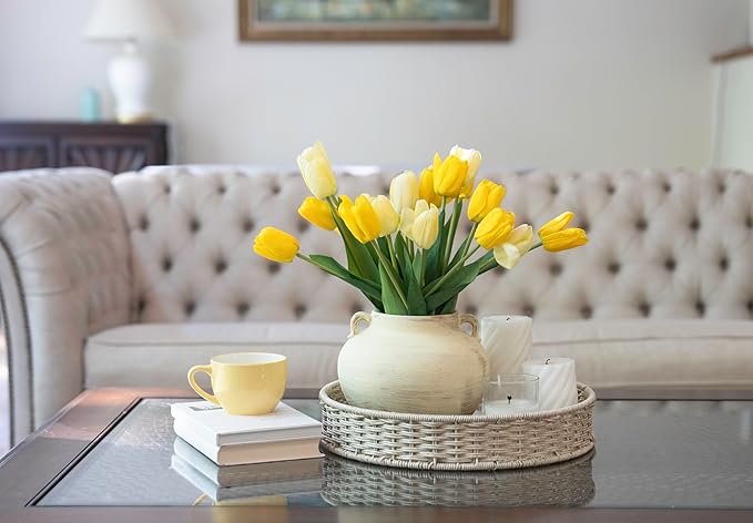 Handmade Beige White Two-Ear Ceramic Vase, Textured Pottery Vase with Two Ears for Centerpieces, Kitchen, Living Room, Bedroom Decor Gifts (Beige White, Short)