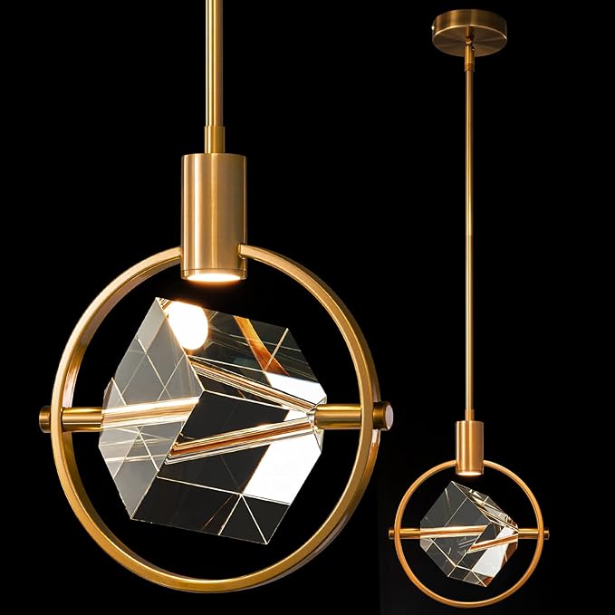 Modern Crystal Pendant Light in Gold Brushed Brass Finish Mini LED Light Fixtures Metal Rod Ceiling Gold Chandelier for Kitchen Island Bedroom Dining Room Bar(1-Lights)