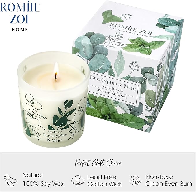 ROMIIE ZOI Scented Candle - Eucalyptus & Mint - 6oz Aromatherapy Soy Wax Jar Candle for Home, Gifts for Women - 170g
