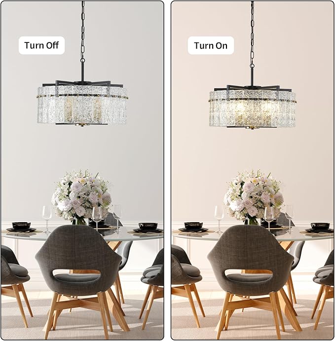 Modern Chandeliers for Dining Room,20" Black Gold Luxury Water Ripple Glass Bedroom Light Fixture,5-Light Glass Pendant Lights Kitchen Island for Living Room,Foyer