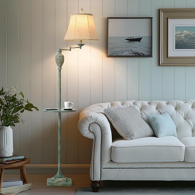 Traditional LED Floor Lamp with 350° Adjustable Swing Arm Lamp – Vintage Standing Pole lamp for Living Room, Bedroom and Office – Rustic Upright Floor Light for Home Décor with Silk Fabric Shade