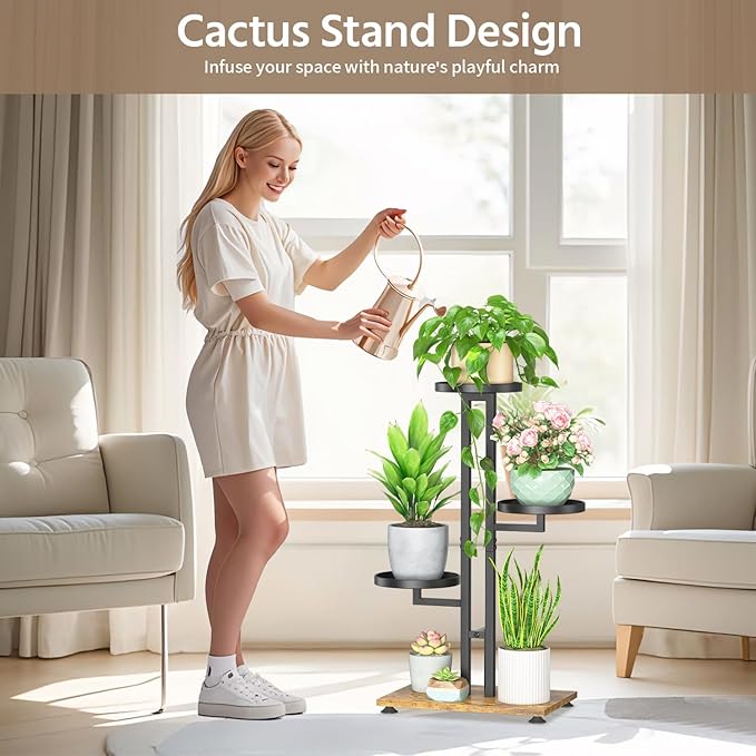 LASZOLA Black 3 Tiered Plant Stand Indoors Heavy Duty Metal Rack, Sturdy Multi Level Shleving Hold Flowers, Larger House Decorate Ladder for Planting Inside Tree Herb Cactus, Wooden Base, Space Saving