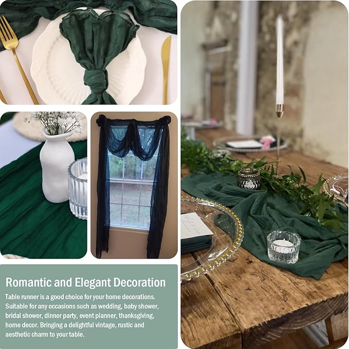 8 Pack 10 ft Dark Green Christmas Cheesecloth Table Runner 35x120 Inches Boho Gauze Rustic Cheese Cloth Runners Long Romantic Sheer Table Runner for Wedding Bridal Shower Party Decoration