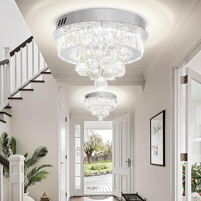 Flashing God 12" Modern Crystal Chandeliers Flush Mount Ceiling Light Silver Chandelier for Hallway LED Dimmable Light Fixture for Dining Room Living Room Bedroom