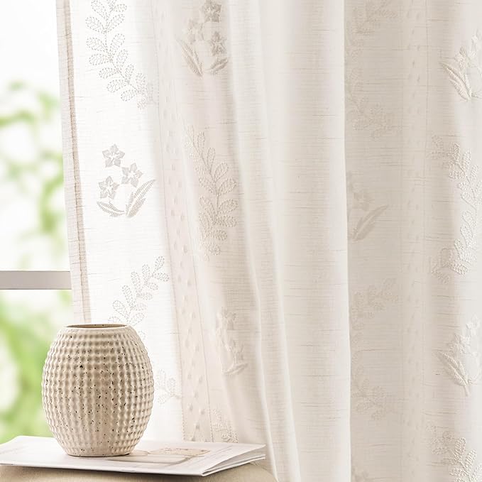 jinchan Belrose Linen Curtains for Bedroom Floral Curtains 96 Inch Length Linen Blend White Embroidered Drapes Farmhouse Flower Patterned Drapes for Living Room Window Treatments Set 2 Panels