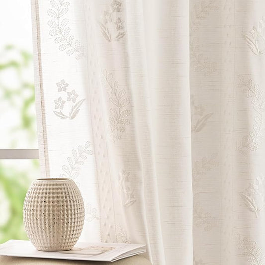 jinchan Belrose Linen Curtains for Bedroom Floral Curtains 63 Inch Length Linen Blend White Embroidered Drapes Farmhouse Flower Patterned Drapes for Living Room Window Treatments Set 2 Panels