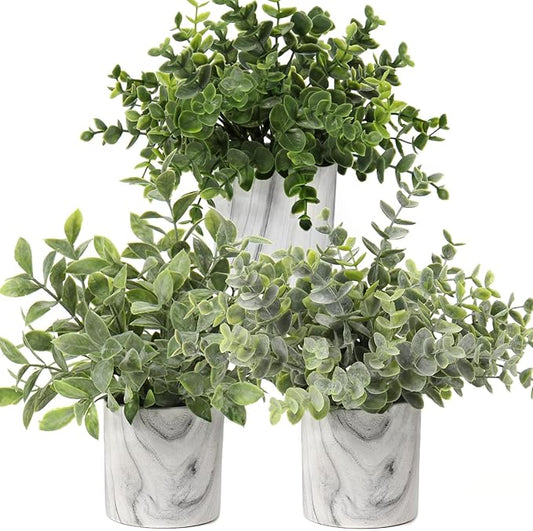 Hollyone Mini Artificial Potted Plants Fake Plants in Marble Pots, 3Pcs Plastic Eucalyptus Greenery Faux Plants for Home Office Desk Room Centerpiece Shelf Décor