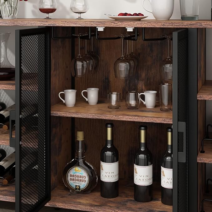 Bar Cabinet, 55 Inches Kitchen Sideboard Buffet Cabinet with Wine Rack Storage, Industry Coffee Bar Cabinet with Wine Rack and Glass Holder for Liquor and Glasses (Rustic)