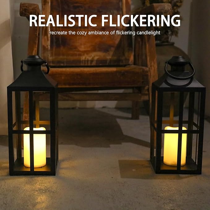 Bdor 2 Pack Black Metal Lantern with LED Candle, Battery Operated, 17.7 Inch Tall Decorative Candle Holder, for Indoor and Outdoor Use, Perfect for Home Décor, Weddings, Parties, and Holiday