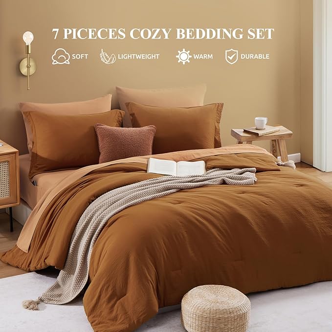 WRENSONGE Queen Comforter Set- 7 Pieces Terracotta Bed in a Bag Queen with Fitted Sheet, Flat Sheet, 2 Shams, and 2 Pillowcases- Warm Bedding Sets for All Season