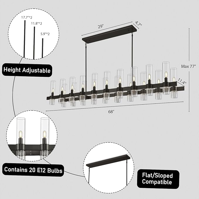 Modern Black Linear Chandelier for Dining Room, 68'' Rectangular Dining Chandeliers Over Dining Table 20 Light, Linear Chandelier Lighting Fixture with Glass over Kitchen Island, Includes Bulbs