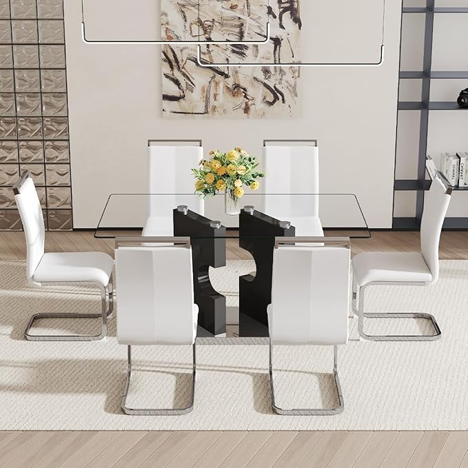 Glass Dining Room Table Set for 6,Dining Table Set for 6 with PU Leather Chairs,Retangular Dining Table with MDF Table Legs and Sliver Base for Dining Room