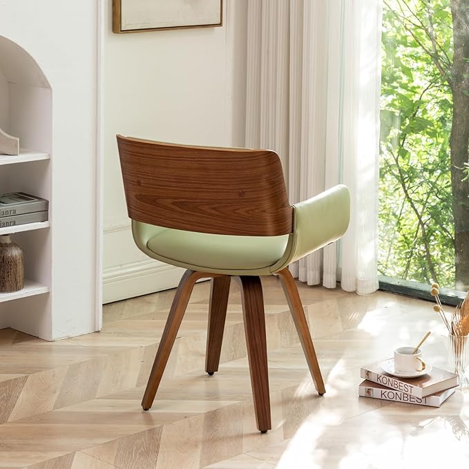 LUNLING Swivel Accent Faux Leather Dining Chairs, Mid Century Modern Chairs with Wooden Legs/Armrest/Upholstered Seat/Adjustable Foots for Kitchen Dining Room Desk Chairs,Green,1PCS