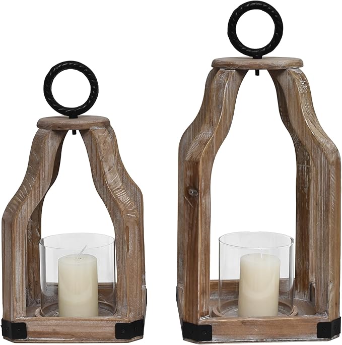 SWALLOWLIVING Rustic Farmhouse Wood Candle Hurricane Lantern with Glass Candlestick Holder for Patio, Table Centerpiece, White Wash, Set of 2