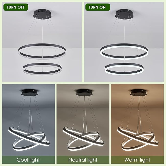 2-Rings Modern LED Chandelier Black for Dining Room, Circular Flush Mount Ceiling Chandelier Light Dimmable Pendant Light with Remote Control for Living Room Entrance Foyer, 3000K-6500K