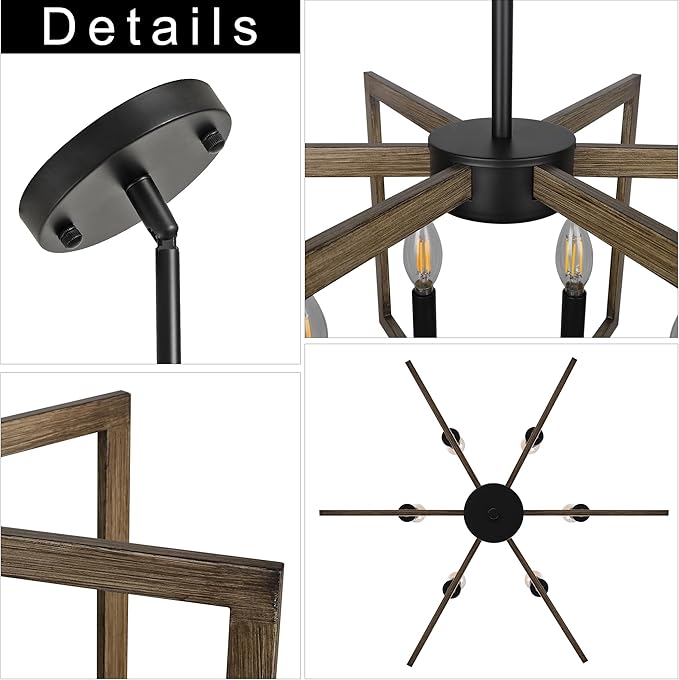 6-Light Kitchen Island Pendant Lights，Modern Farmhouse Kitchen Ideas Light Fixture，Industrial Hanging Chandelier for Dining Room，Wood Grain Finish and Black Chandelier for Foyer