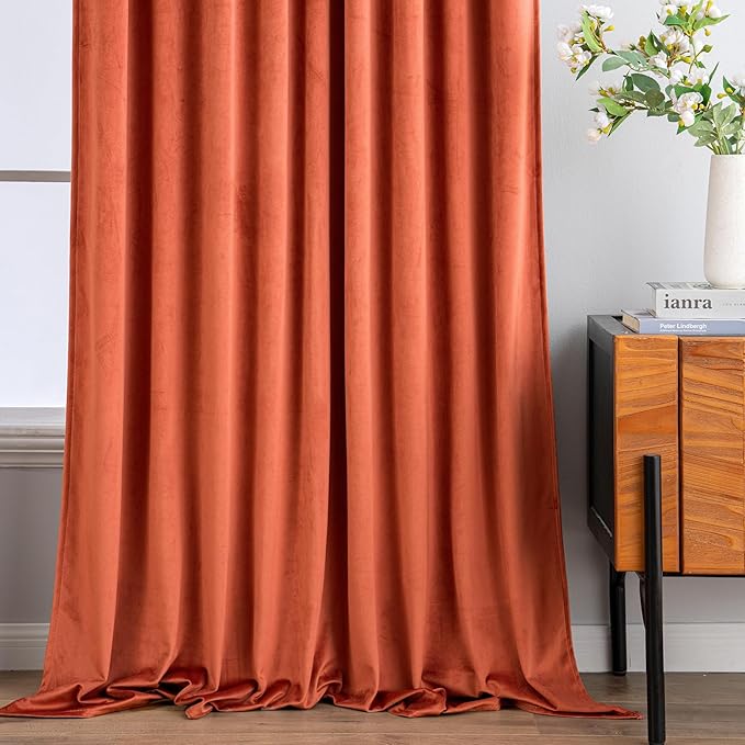 MIULEE Terracotta Velvet Curtains 96 Inches Long 2 Panels- Pinch Pleated Luxury Rust Fall Burnt Orange Window Curtains for Bedroom Living Room Thermal Insulated Super Soft Drapes Back Tab Decor