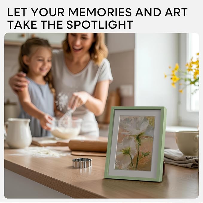 Homeforia 5x7 Picture Frame Sage Green, High End Metal 5 x 7 Frames with Mat 4 x 6 for Photo, 5by7 Desk Frame Matted to 4x6 inch Art, 5 by 7 Wall or Tabletop Frames, Tempered Glass, Wall Kit, Set of 1