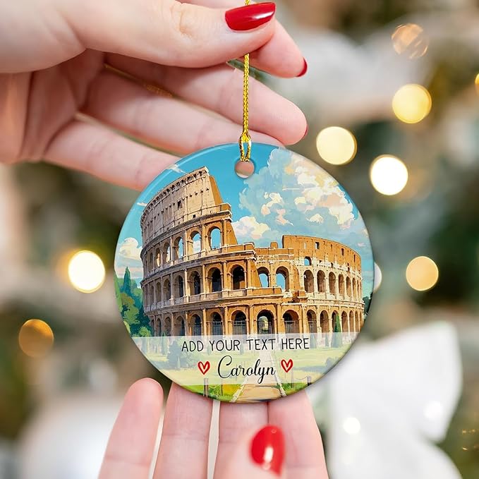 Customized Rome Colosseum Italy Ceramic Ornament 2025, Personalized Text/Name Rome Colosseum Christmas Tree Decor Ornament, Italy Travel Souvenir Collection Xmas Ornaments Gift for Family Friends