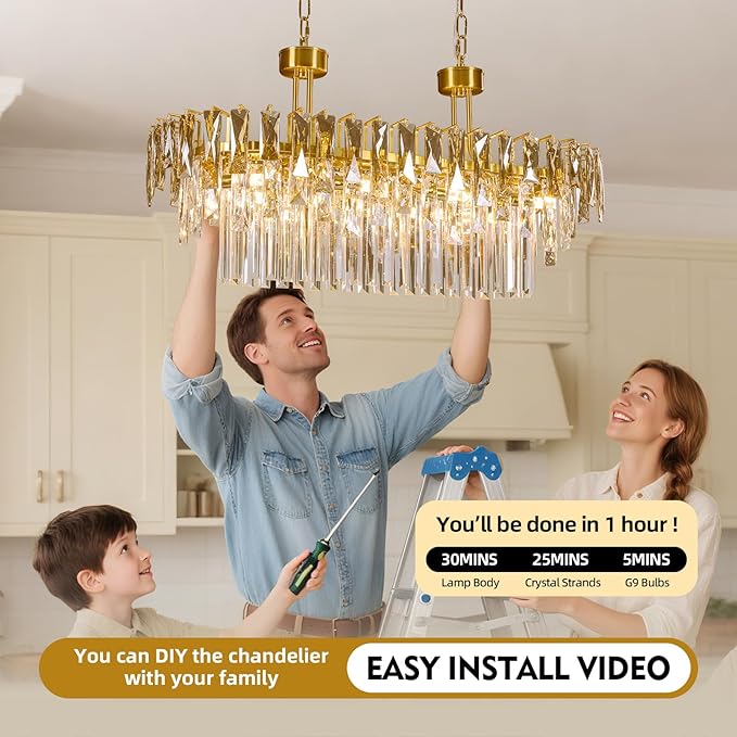 Rectangular Crystal Chandelier for Dining Room - L31.5'' Modern Gold Long Linear Chandelie,Luxury 3 Tier Raindrop K9 Crystals Oval Chandeliers for Living Room,Pendant Ceiling Light for Kitchen Island