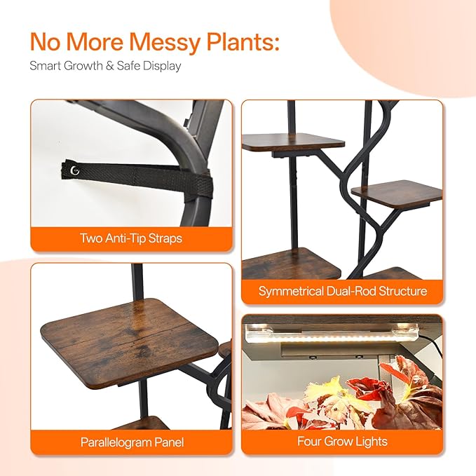 8-Tier Plant Stand with Grow Light, 57 Inch Indoor Plant Shelf, Decor Flower Stand for Living Room & Patio, Rust-Resistant Pipes & Waterproof MDF Boards