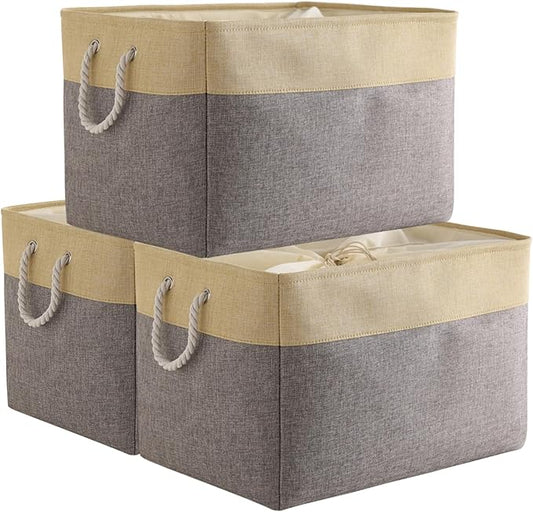 TheWarmHome Storage Bins Baskets for Organizing - Extra Jumbo 3 Pack 20.5Lx15.7Wx13.8H Sturdy Fabric Storage Basket for Shelves, Decorative Foldable Closet Nursery Toy (Gold&Grey)