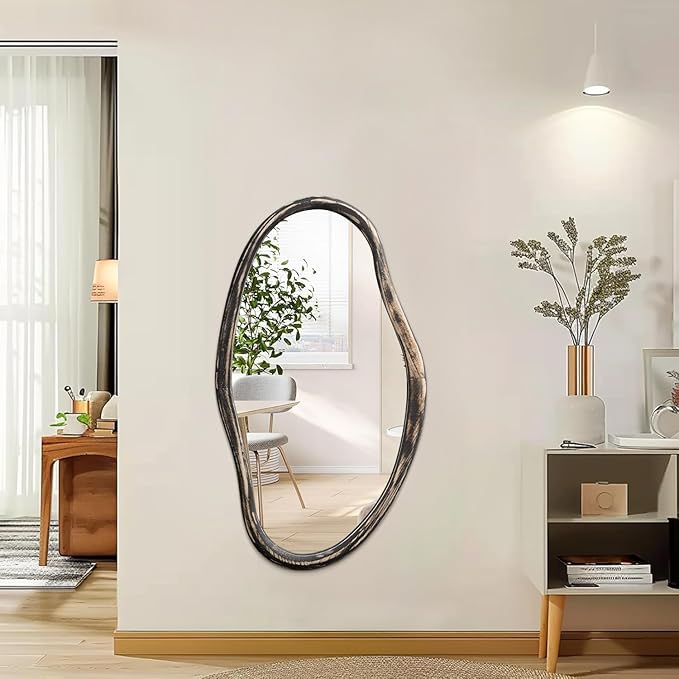 JJUUYOU Irregular Mirror Asymmetrical Wall Mirror 34"x22" Modern Hanging Mirrors for Bathroom Bedroom Living Room Hallway Large Wall Mounted Makeup Dressing Mirrors Rustic Black