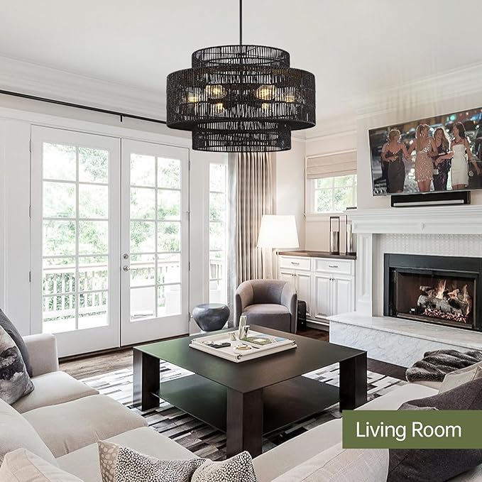 24” Black Boho Large Rattan Chandelier Light Fixture,6-Light Large Hand Woven Pendant Light Fixture Farmhouse Rustic Chandeliers for Kitchen Bedroom, Dining Room, Living Room, Hallway, Foyer