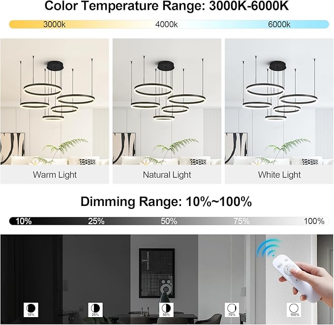 Modern Black Ring Chandelier LED Circle Geometric Pendant Light Dimmable 5 Rings Ceiling Light Fixtures High Ceiling Foyer Chandelier for Living Room Dining Room Bedroom