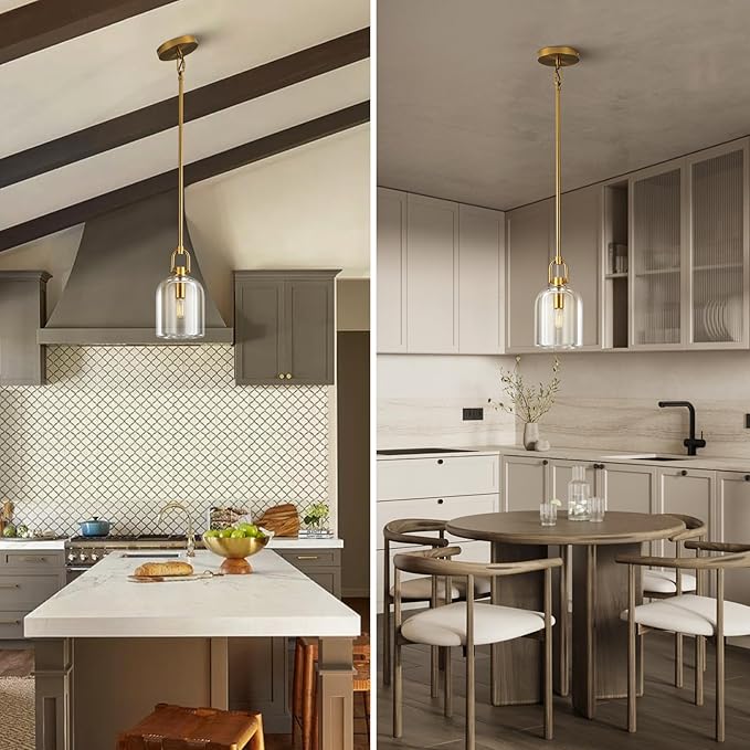 Brass Pendant Light Fixtures, Gold Pendant Light, Indoor Pendant Light for Kitchen Island Dining Room Living Room Bedroom Bathroom, E12 Bulb Included, 2PCS