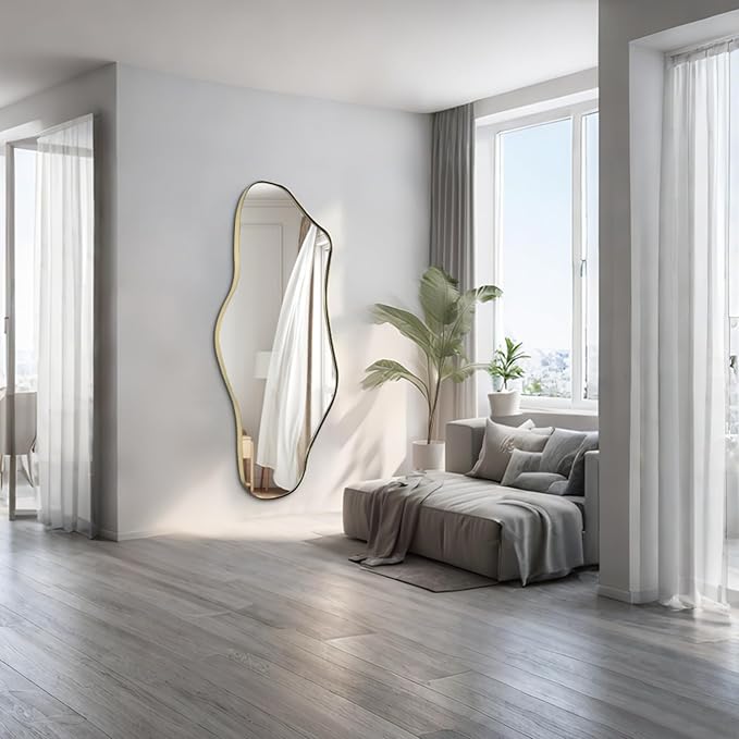 Irregular Mirror Full Length, 63.4"x29" Large Asymmetrical Mirror, Big Gold Floor Mirrors for Dressing, Modern Wavy Shaped Mirrors for Living Room Bathroom Bedroom Entryway