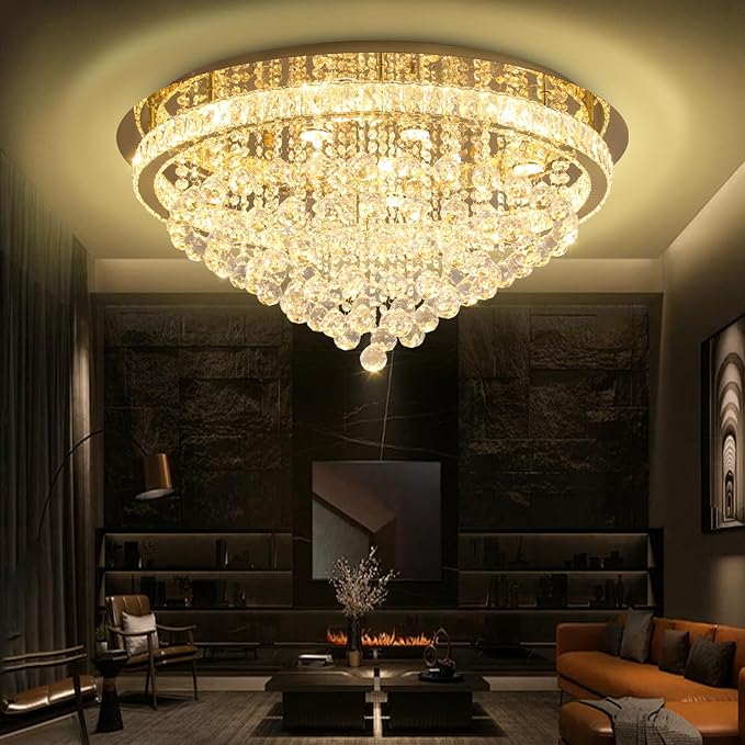 Dia 32" Modern Crystal Chandeliers for Living Room LED Dimmable Raindrop Chandelier Gold Ceiling Pendant Light with Remote Flush Mount Crystal Ceiling Light for Dining Room Bedrooms Foyer