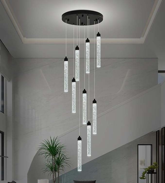 9-Lights High Ceiling Crystal Staircase Chandelier Black Pendant Lights Modern Spiral Raindrop Dimmable LED Bubble Cluster Ceiling Hanging Lighting Fixture for Foyer Living Room Remote Control