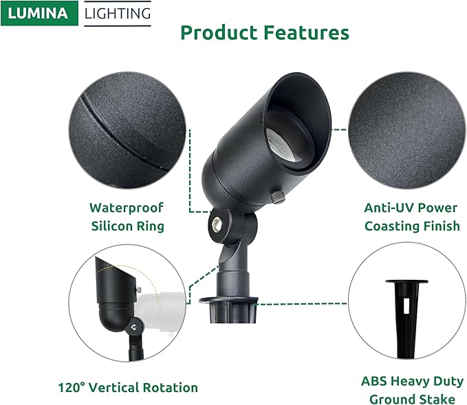 Lumina Lighting® 4W Landscape Lighting 12V Landscape Lights Low Voltage Landscape Spotlights Warm White Waterproof Outdoor Replaceable LED Bulb for Garden, Lawn, Porch, Patio and Yard (Black, 2-Pack)